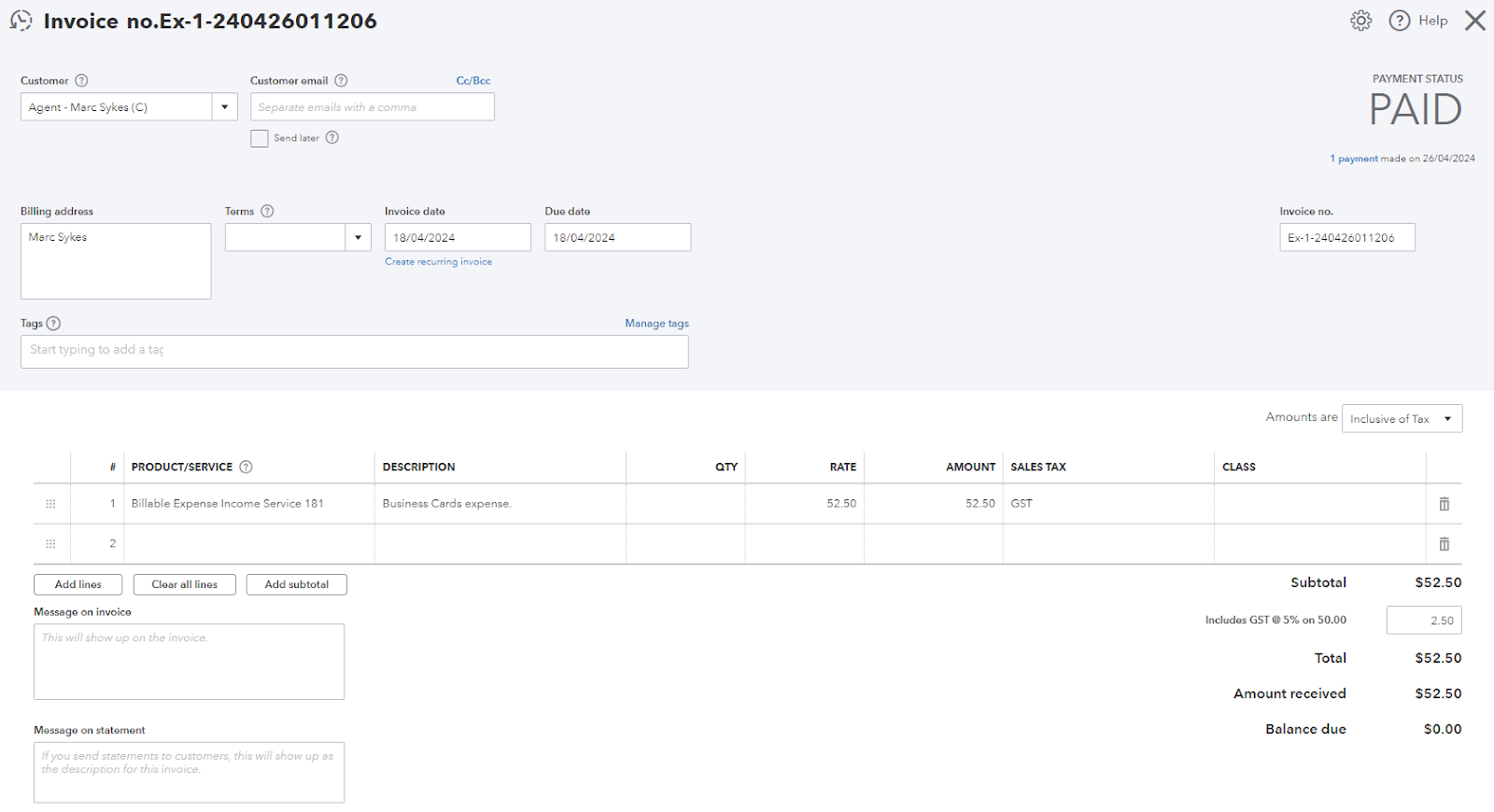 Expense Invoice to Realtor