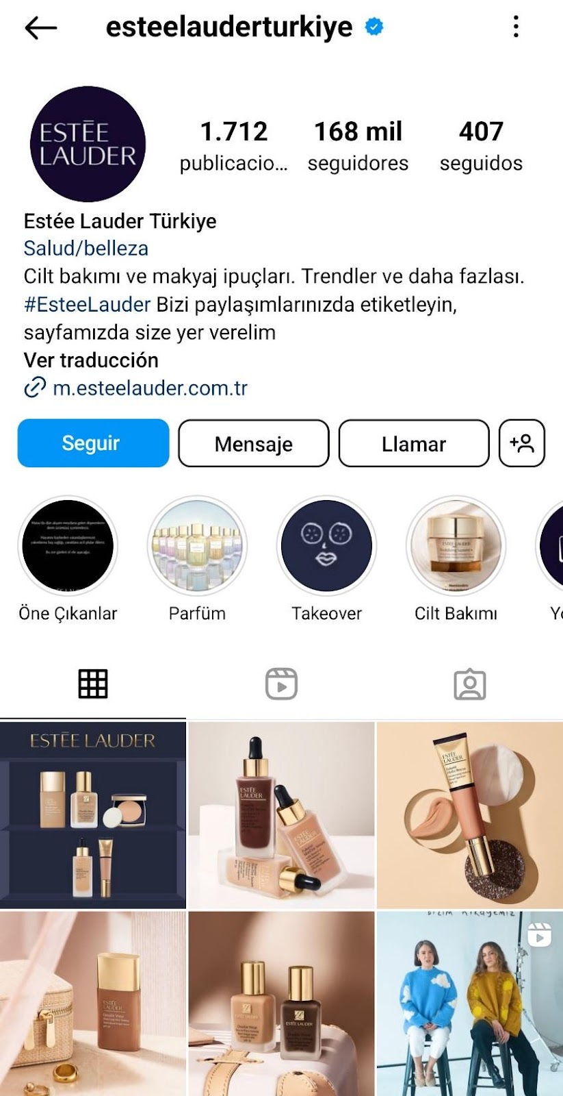 Feed de Instagram de la marca Estee Lauder de Turquia
