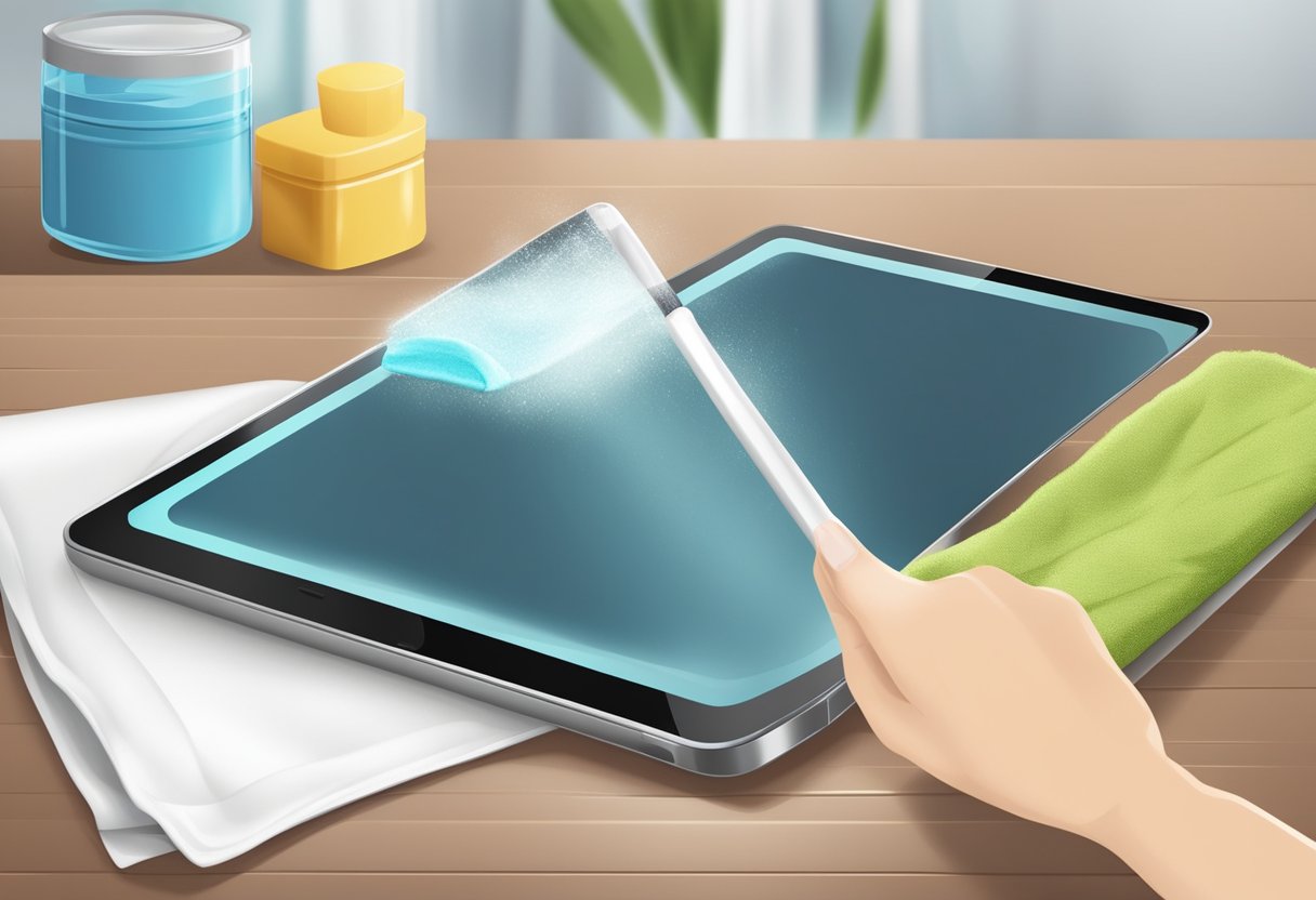 A tablet being cleaned with a microfiber cloth and cleaning solution in a step-by-step process