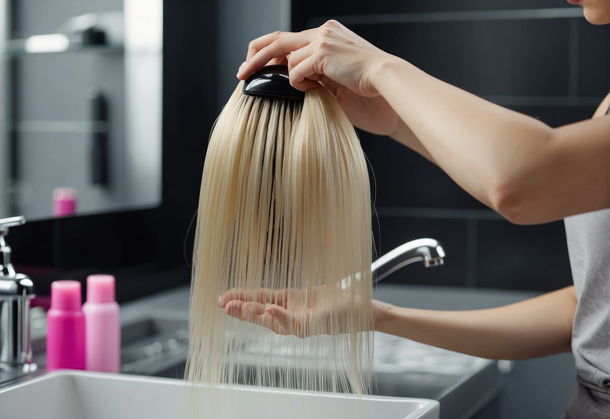 A hand pours regular shampoo onto a synthetic wig, massaging it gently to cleanse without wig shampoo