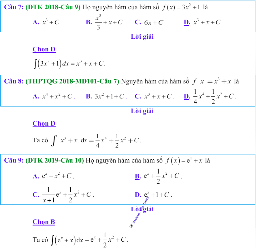 Công thức Nguyên hàm và bài tập từ đề thi có giải chi tiết