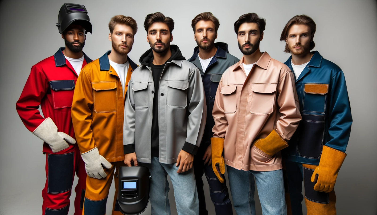 6 Welders standing wearing lightweight welding jackets