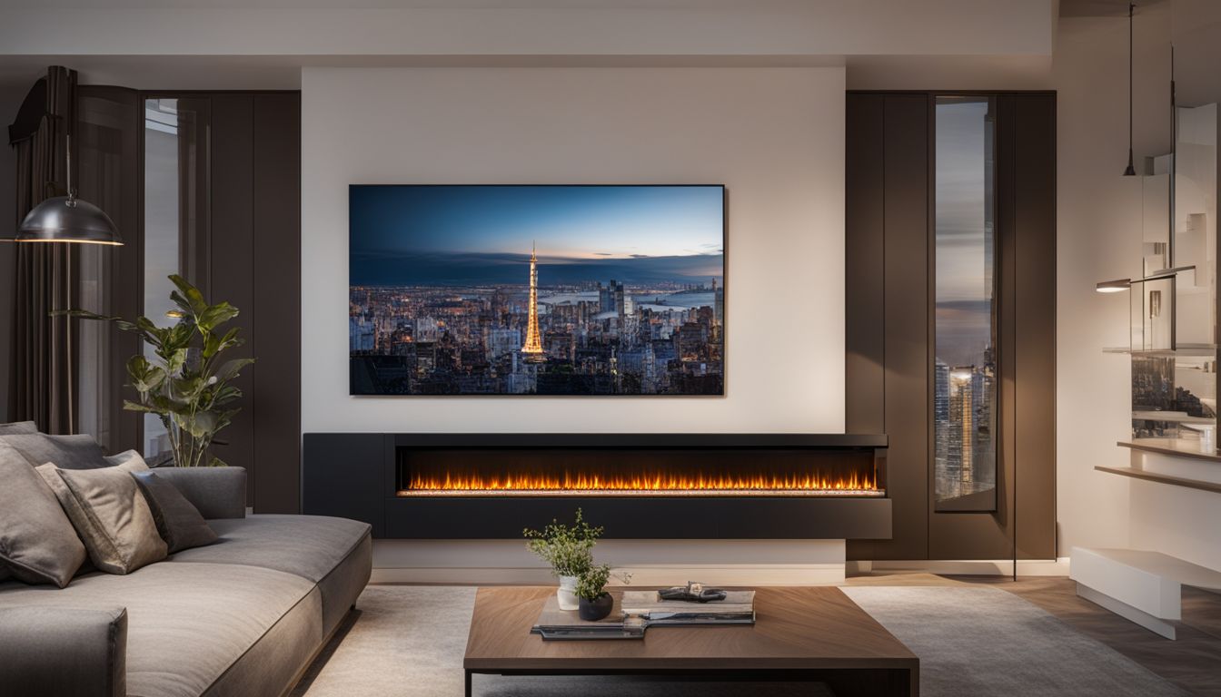 A modern, minimalist living room with a linear electric fireplace.