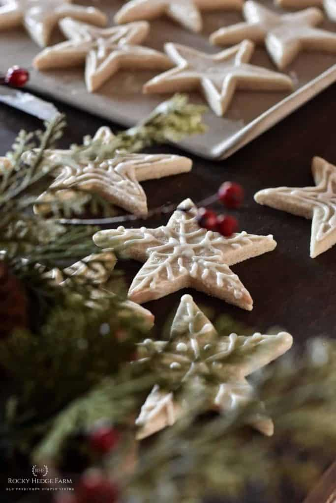 star shaped christmas cookie recipes on baking tray with holly berries 