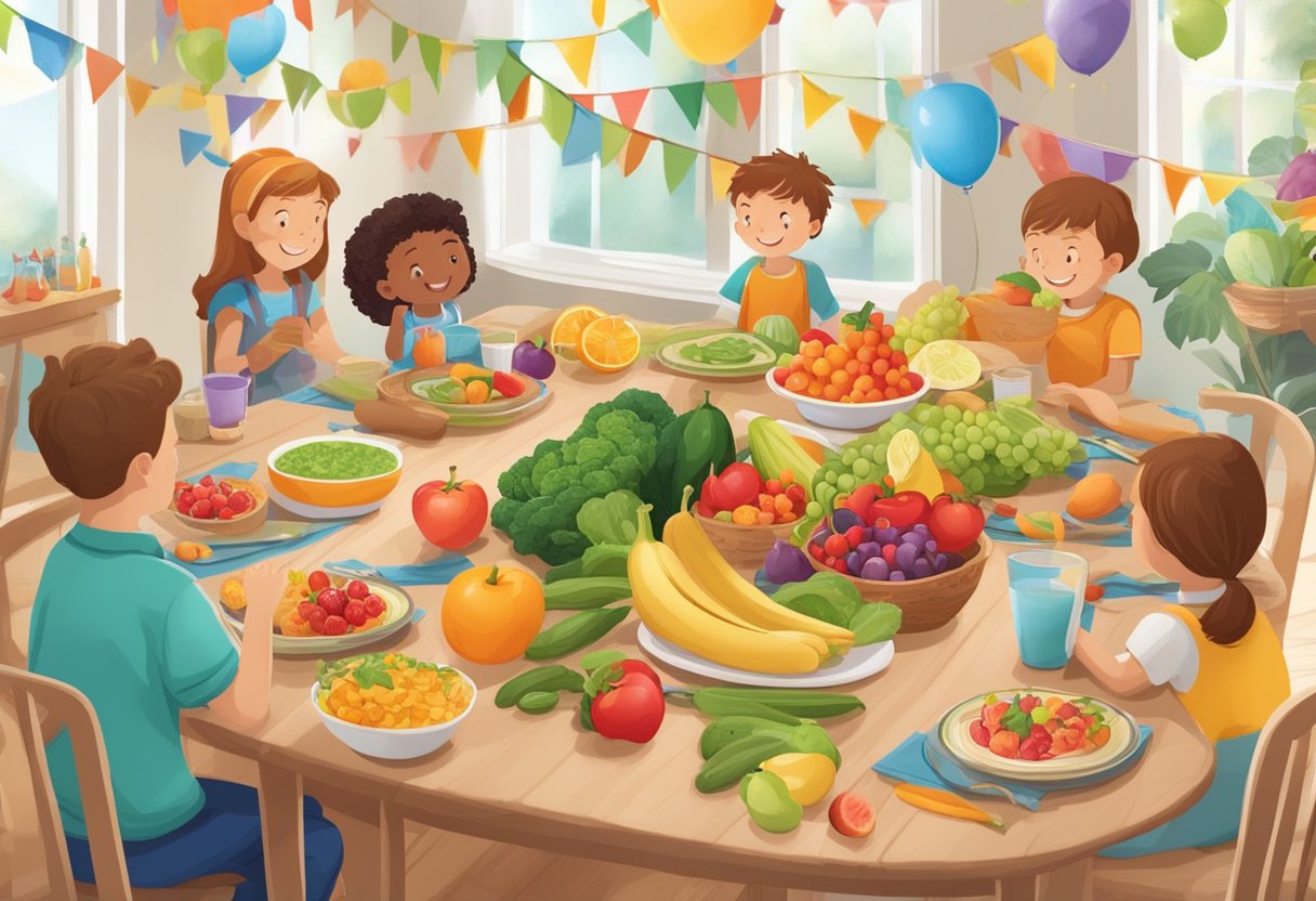 A table with colorful fruits, vegetables, and whole grains. A banner reads "Healthy Celebrations Birthday" with children playing in the background