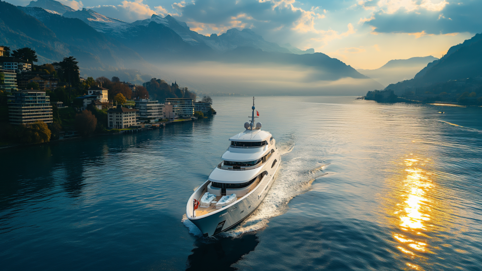 A luxury yacht on Lake Zurich with the majestic Swiss Alps looming in the background.