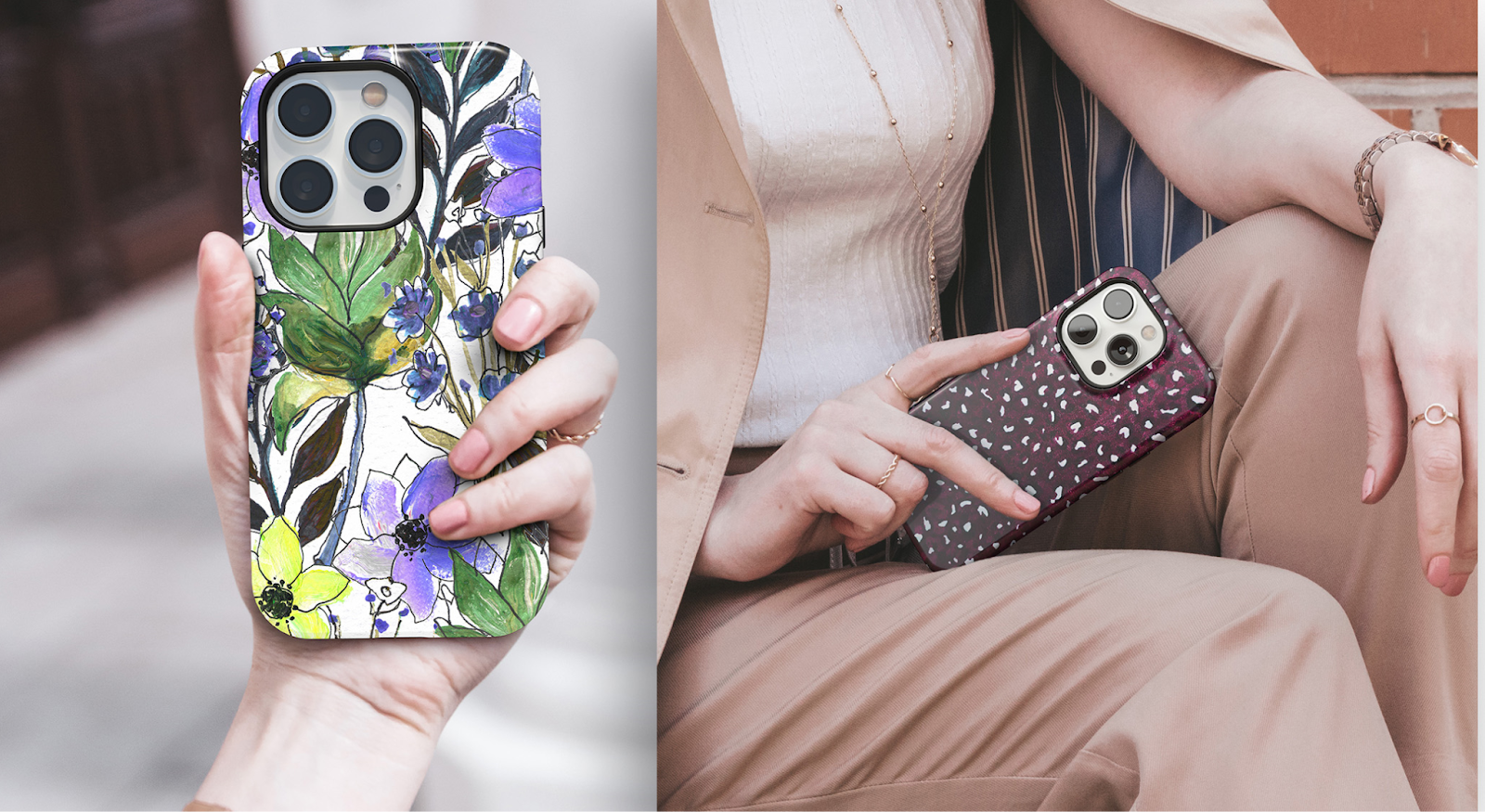 Realistic phone case mockups women holding two phone case