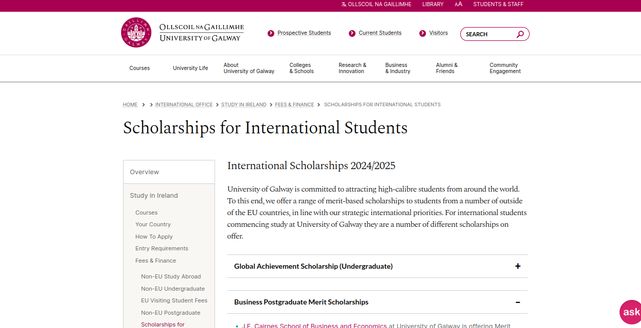 Study in Ireland: 3+ University of Galway International Scholarships for 2024-25
