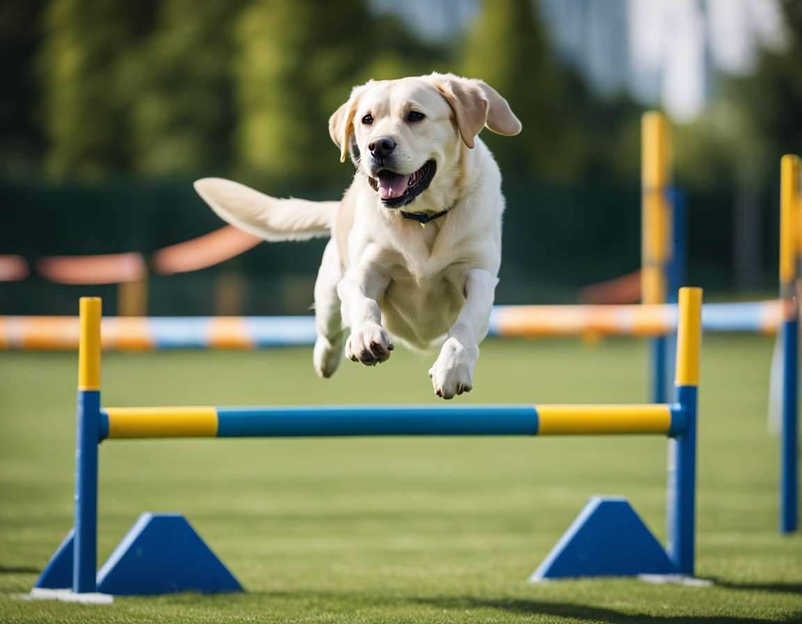 labrador retriever leaping through a hurdles