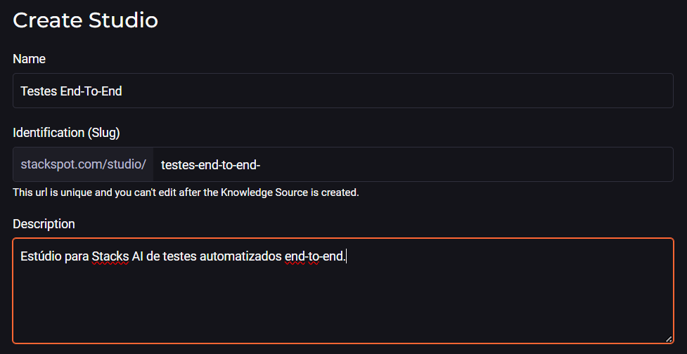 Imagem do artigo sobre teste de aceitação com imagem da tela de cadastro de um Studio na plataforma StackSpot AI, com os campos: name, identification e description.