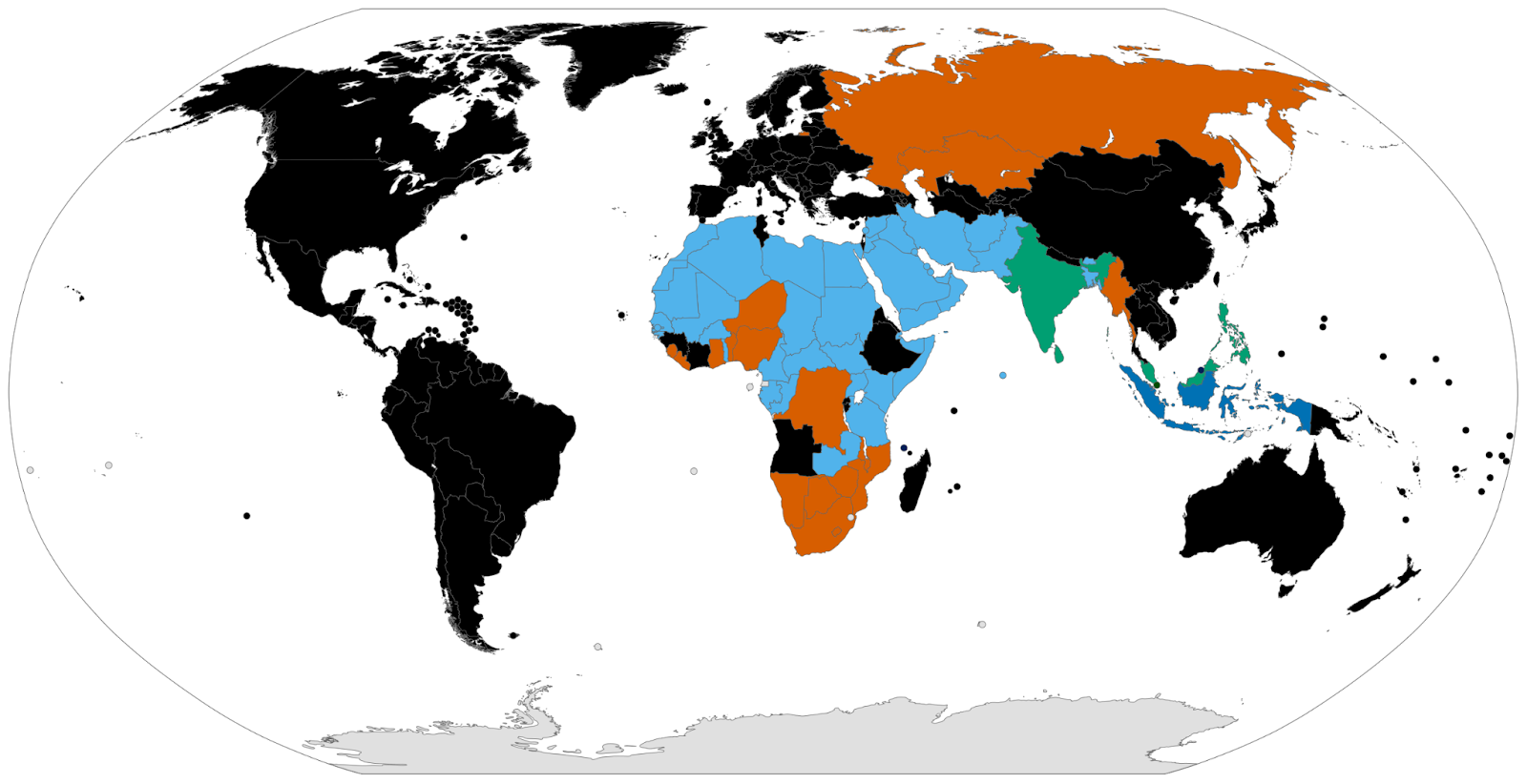 External image of a world map. The majority of the map is black, meaning that polygamy is illegal, but practice is not criminalized. The exceptions are: Most of northern Africa and parts of south-western Asia being light blue, meaning polygamy is only legal for muslims. Many of the southern-eastern Asian islands are darker blue, meaning polygamy is legal. Parts of southern and northern Africa and northern Asia being orange, meaning polygamy is legal in some regions. Some south-eastern Asian islands and India being green, meaning status is unknown. Antarctica is white, meaning polygamy is illegal and practice is criminalized.