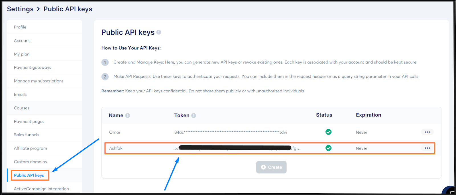Step three: On tapping the settings option, find out Public API keys where the API key could be copied and pasted.