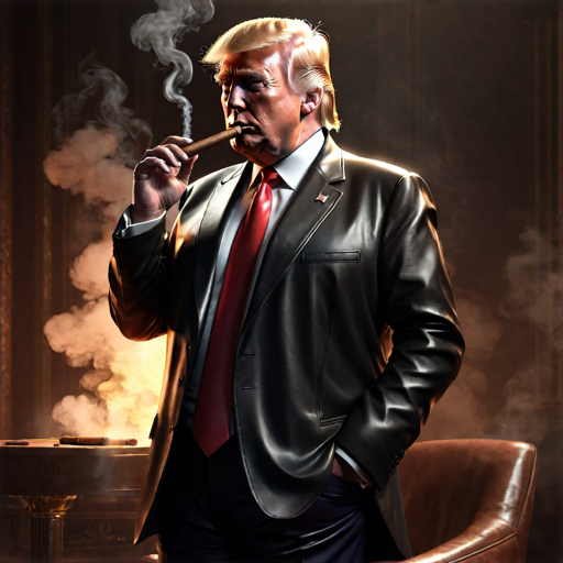 Authoritarian dreamboat Trump wearing leather suit puffing a stogie