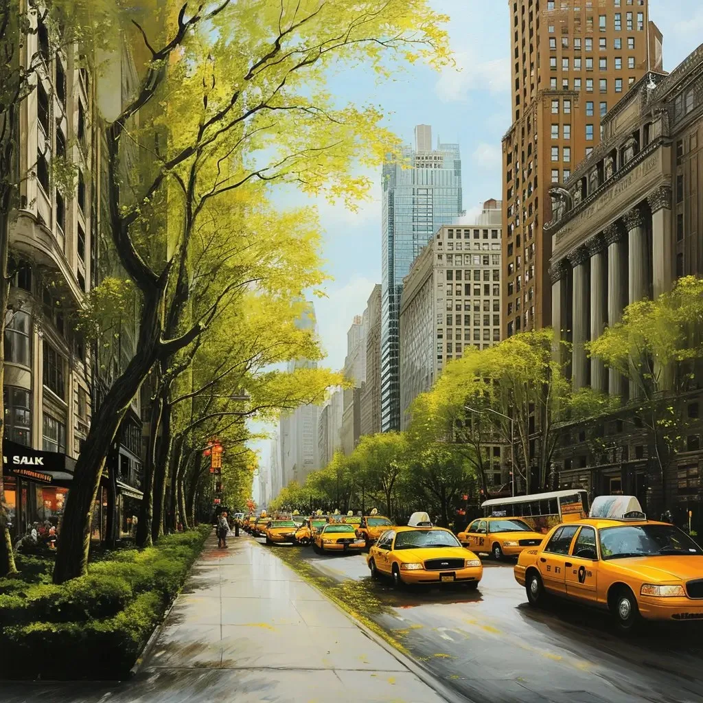 A bustling urban street scene with iconic art deco skyscrapers reaching into the sky. The avenue is lined with yellow taxicabs and flanked by tall buildings, creating a canyon of architecture. The trees along the sidewalk are lush, hinting at late spring or summer in the city.