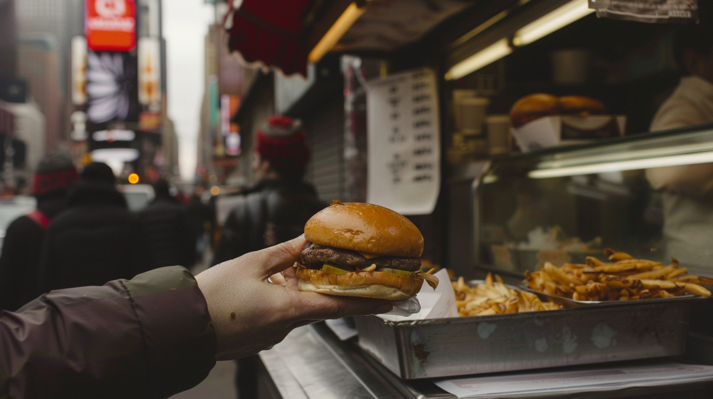 A hand holding a hamburger in front of a street food stall in New York City