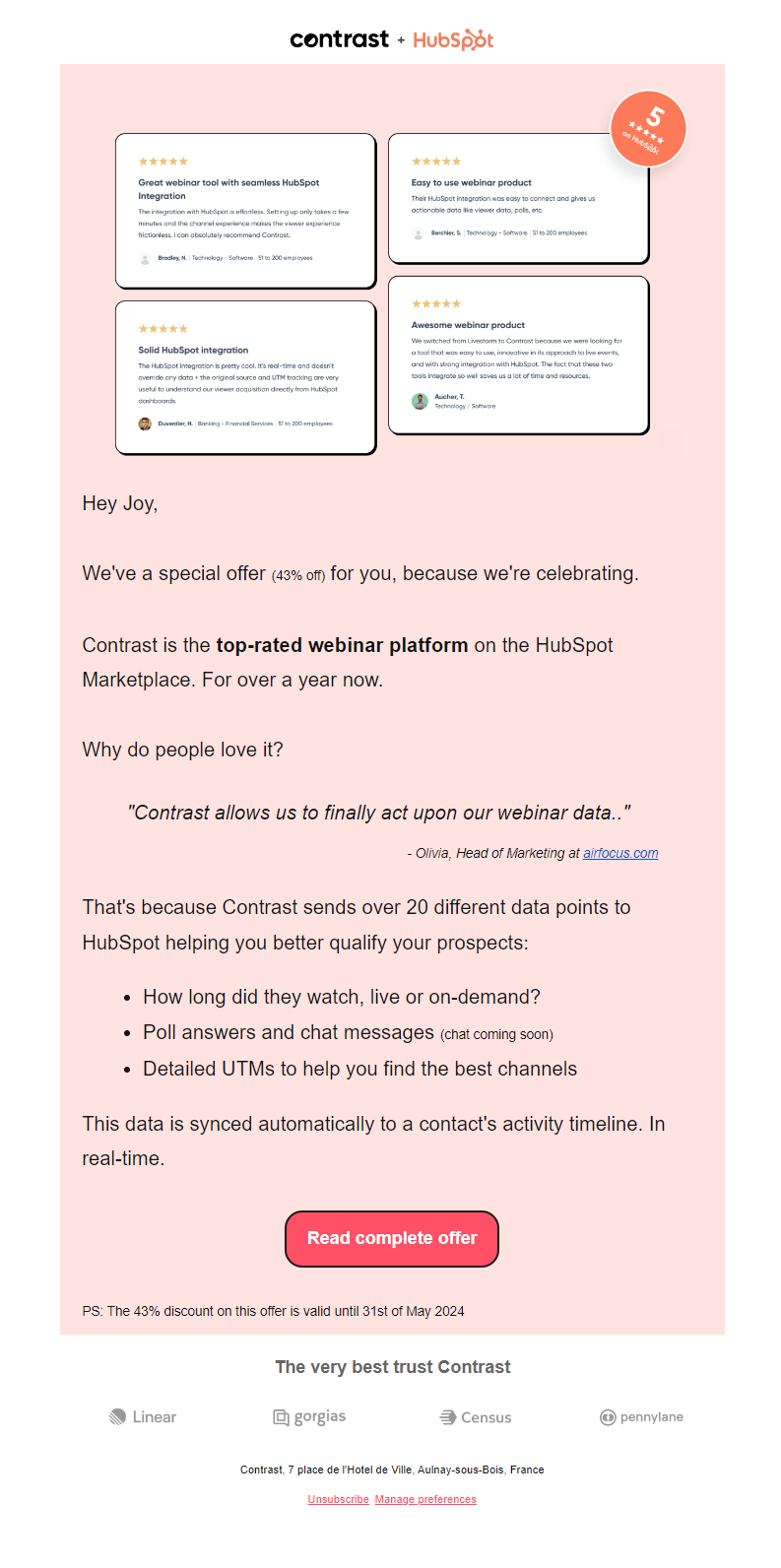 Screenshot of a conversion focused webinar follow up email from Contrast