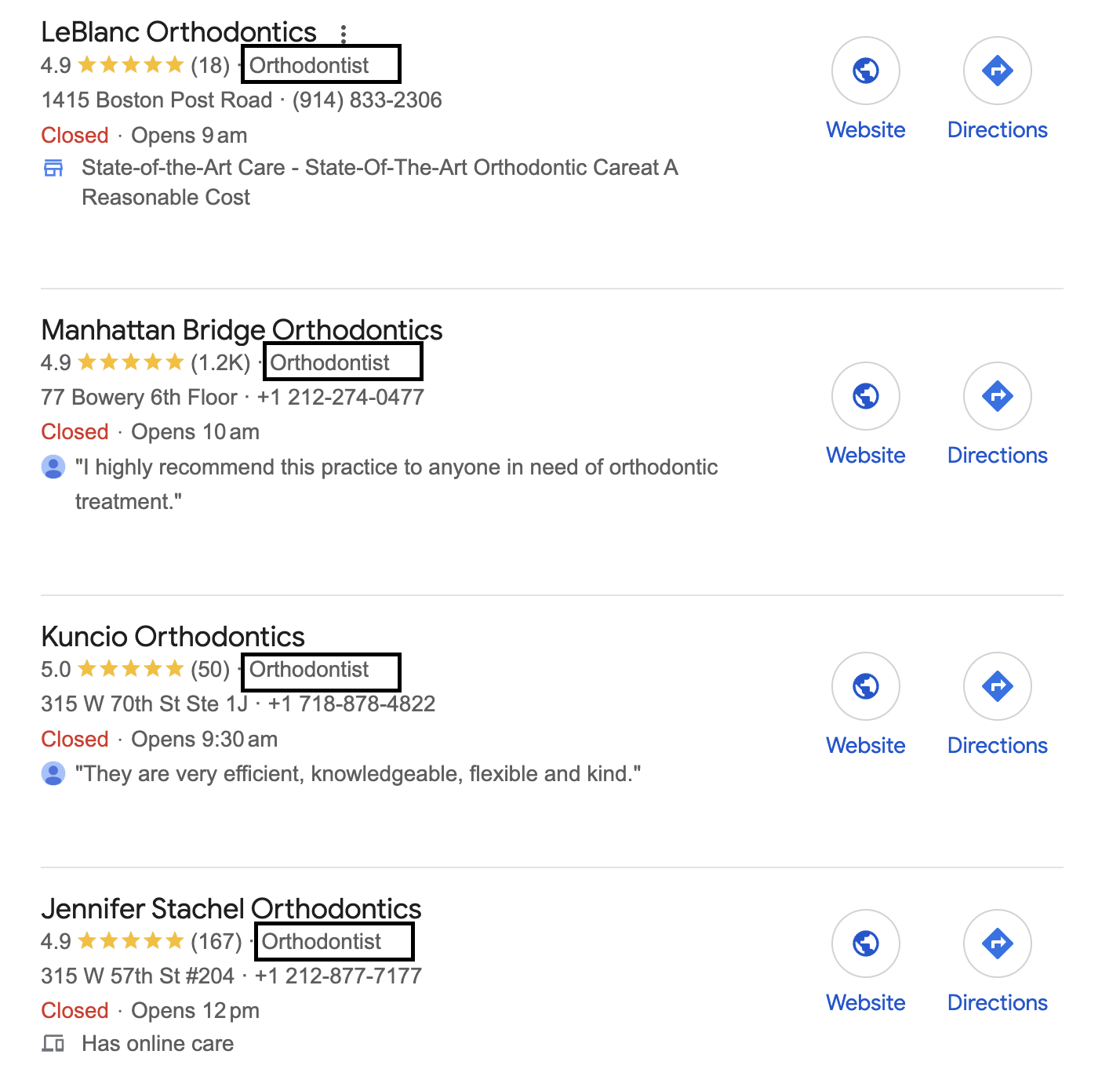 Google Business Profile results for orthodontist in New York