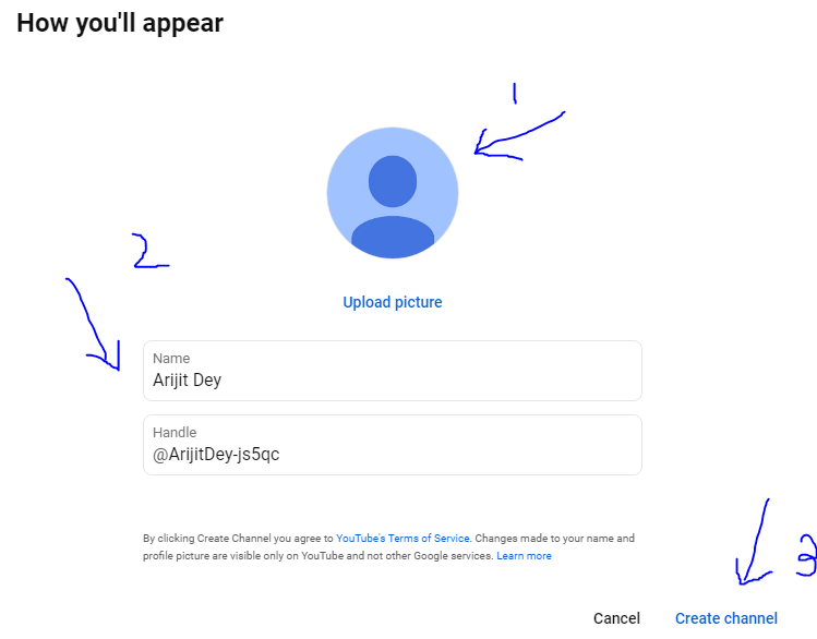 Put Channel Name and Handle name to create youtube account in 2024