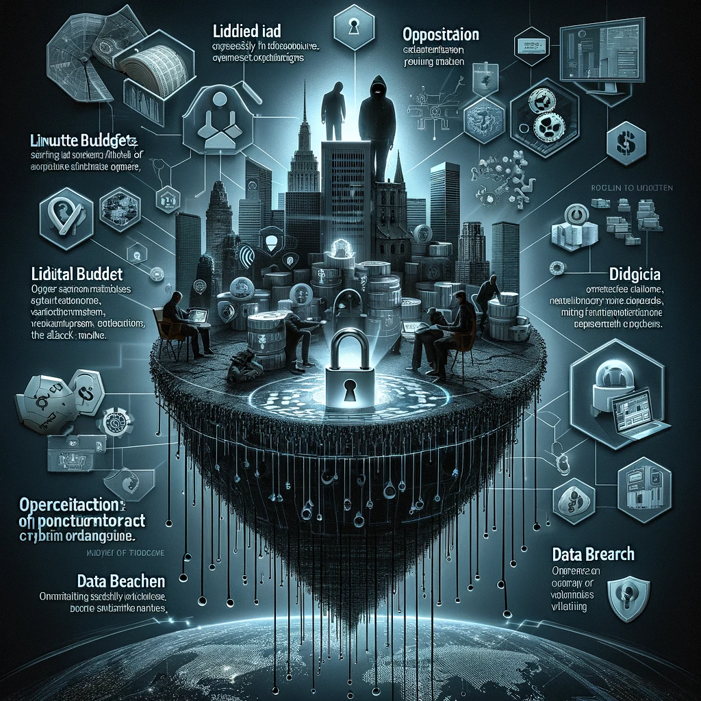 "Futuristic depiction of a cybersecurity battle against data breaches, with figures standing over a floating cityscape platform with digital connections and security symbols."