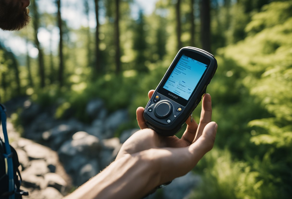 A hiker stands on a rocky trail, holding a hiking GPS device and studying the screen. Lush green trees and a clear blue sky are visible in the background