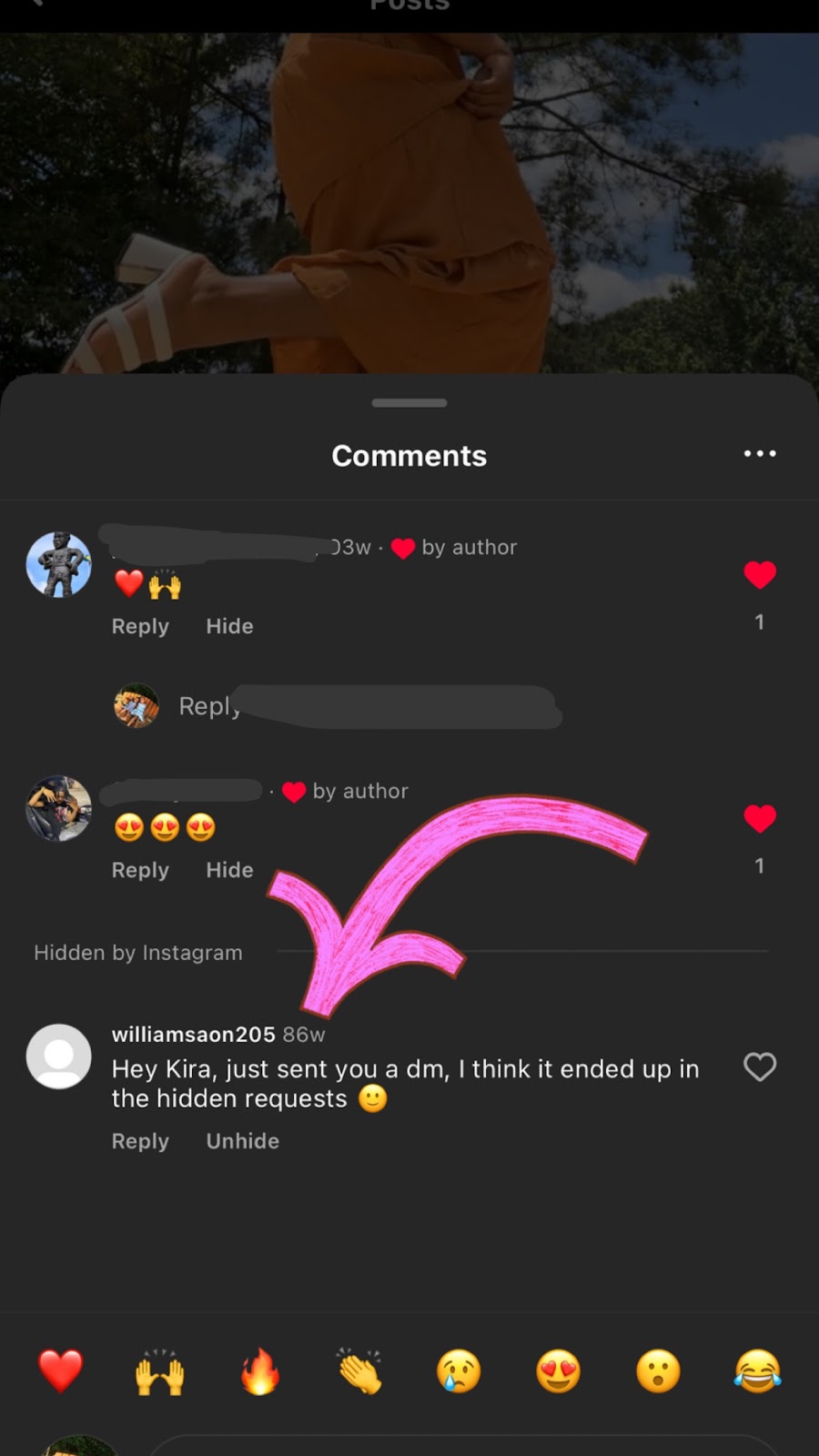 Screenshot of Instagram comments featuring a comment from a bot reading: Hey Kira, just sent you a dm, I think it ended up in hidden requests :)