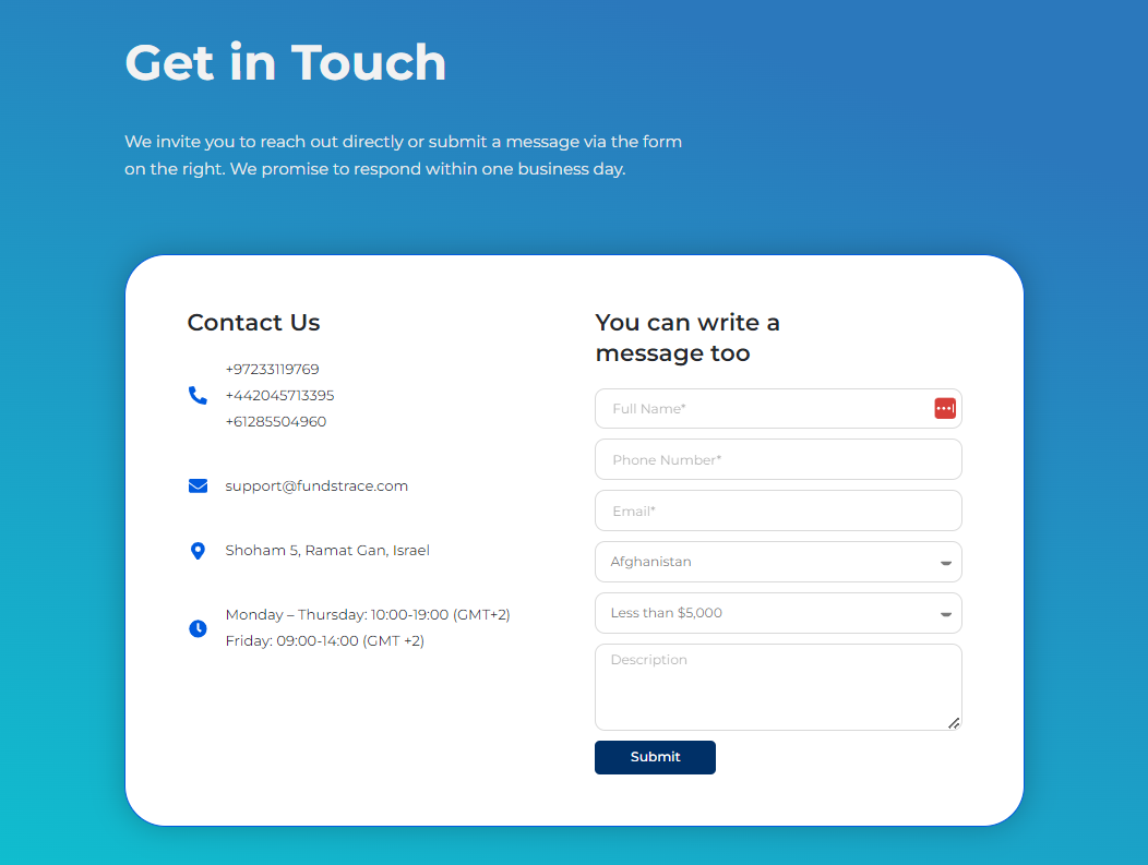 Fundstrace’s site contact form