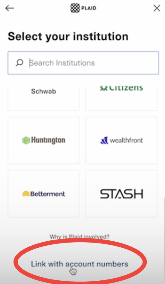 Screenshot with list of banks in plaid integration