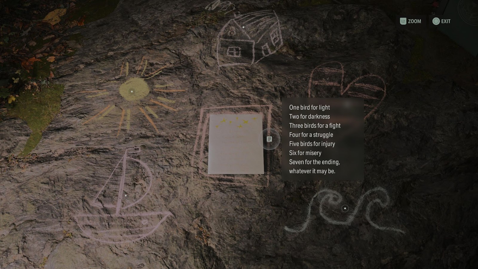 An in game screenshot of the bird nursery rhyme from Alan Wake II.