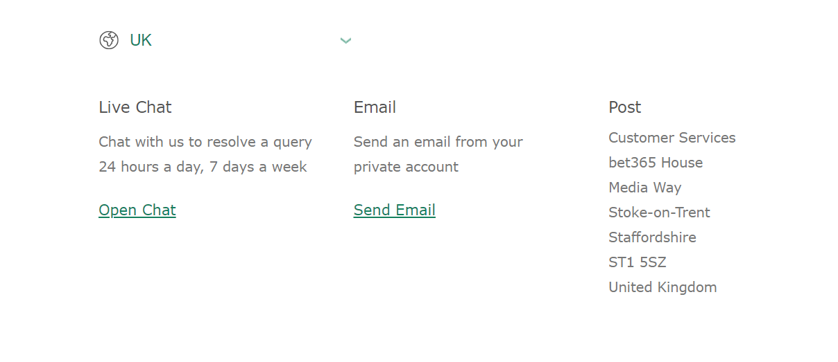 customer support options on bet365 casino