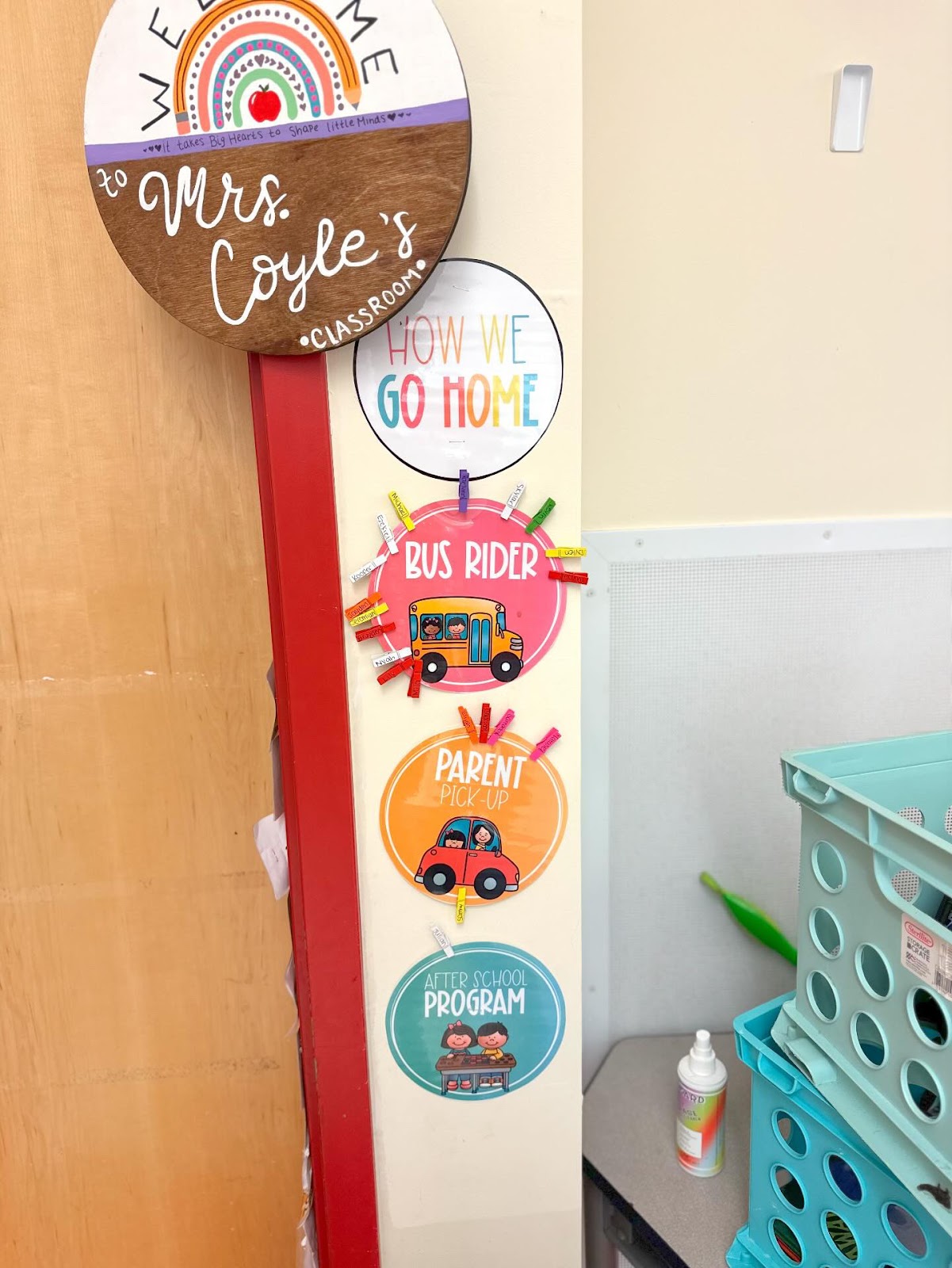 This image shows a how we go home chart displayed in a classroom. The circles are attached to the wall and displayed next to the door. There are clothespins around three of the circles. 