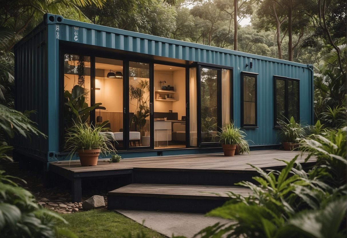 A container guest house sits nestled in a serene natural setting, surrounded by lush greenery and a tranquil atmosphere