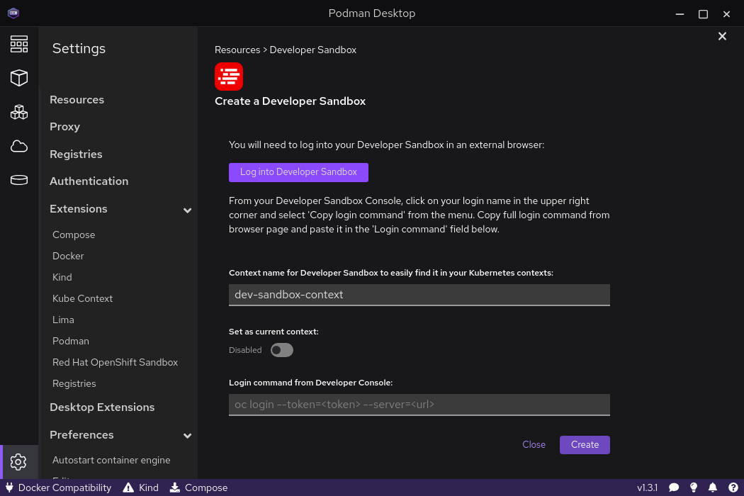 Podman Desktop Create a Developer Sandbox page with a name, Set as current context disabled, and a login command from Developer Console.