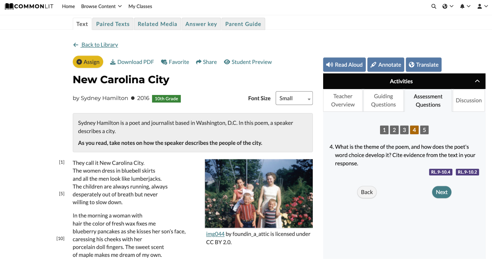 A screenshot of a poem from the CommonLit website and a scaffolded assessment question about the poem. The poem is called “New Carolina City” and it is about  community.