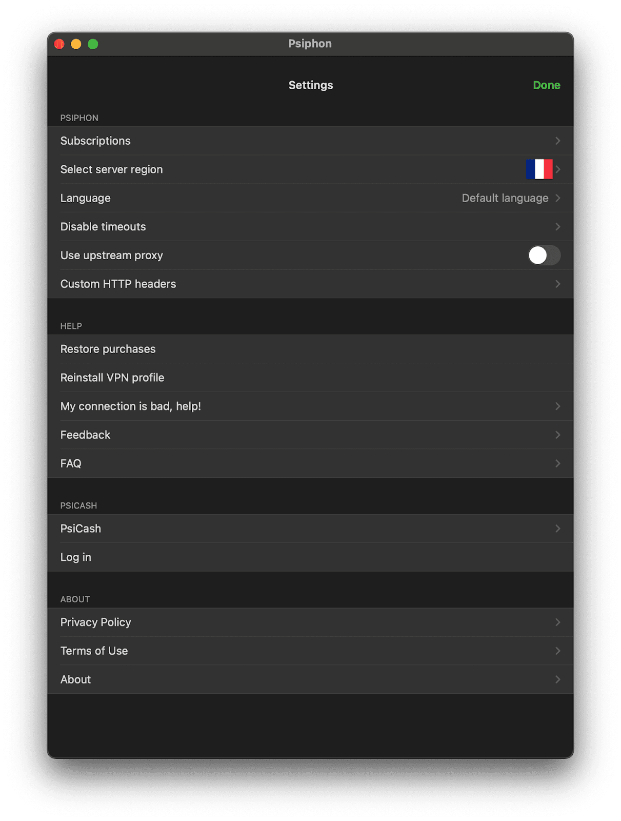 The menu of Psiphon VPN on MacBook.