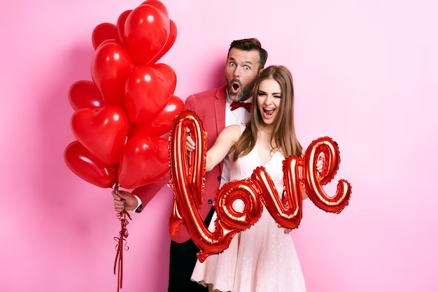 Couple Pose As They Are Expressing Their Love in Fun Way With Heart Balloons & Love Symbol in Hand