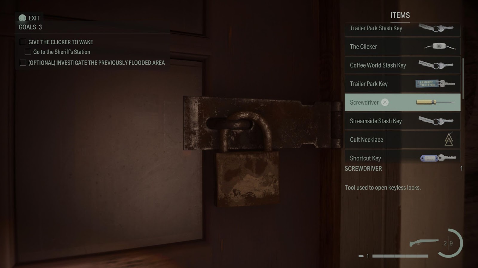 An in game screenshot of the padlock on the Bunker Woods ranger station from Alan Wake 2. 