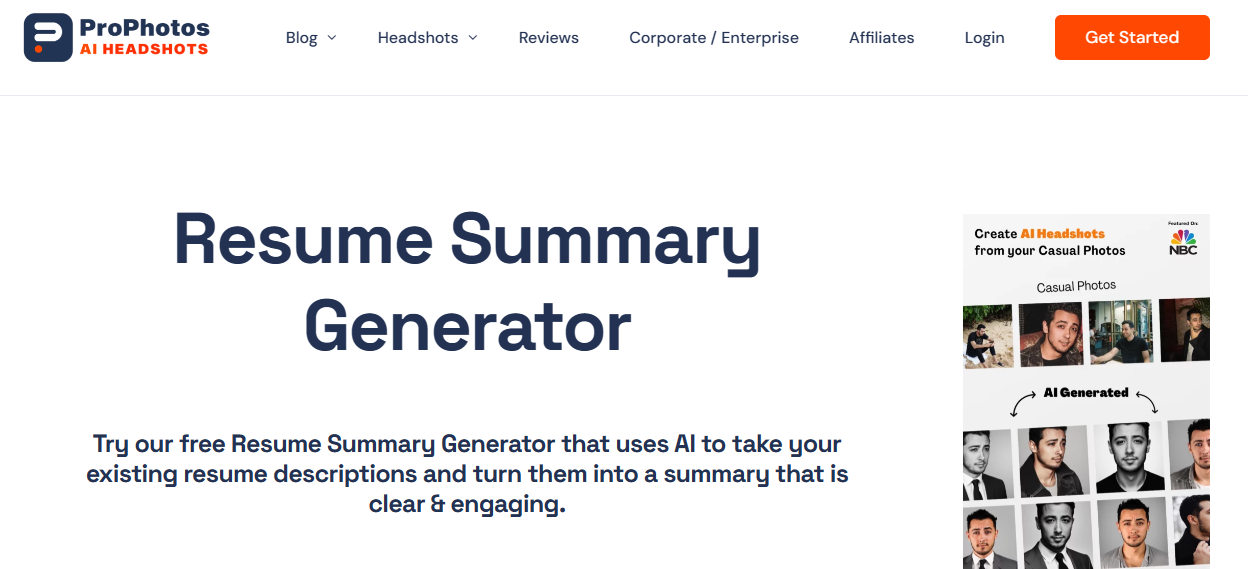 ProPhotos AI Resume Summary Generator