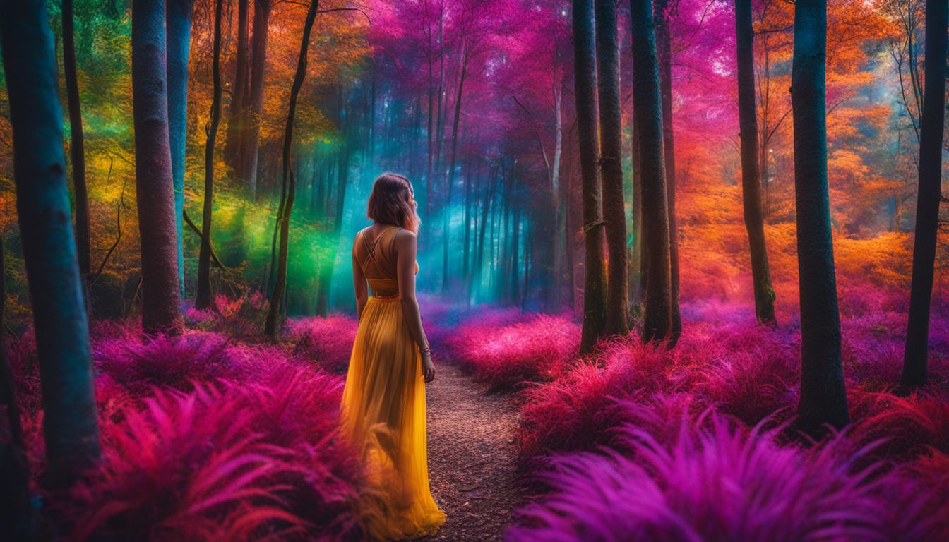 A person standing in a vibrant, psychedelic forest surrounded by nature.