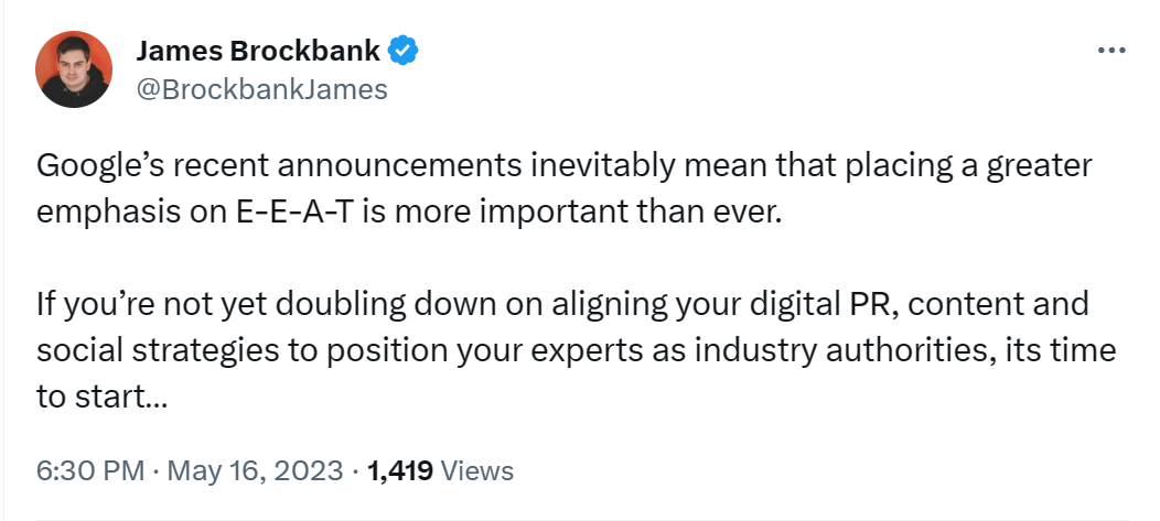 Importance of E-A-T (tweet by James Brockbank)
