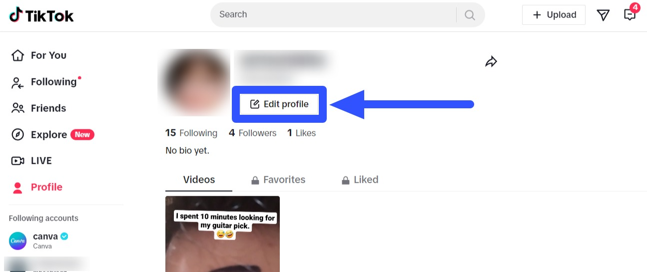 How to change tiktok username: Edit profile button