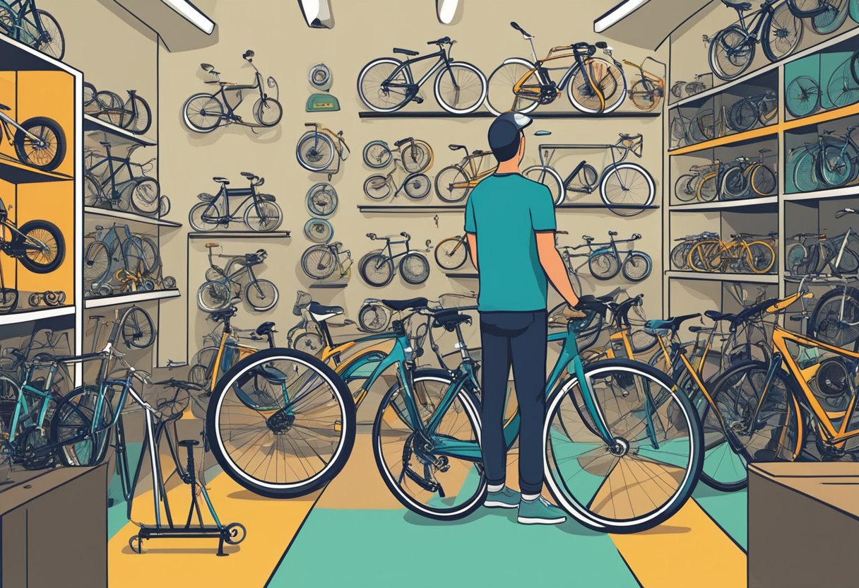 A person comparing different types of bicycles in a bike shop, surrounded by various models and accessories
