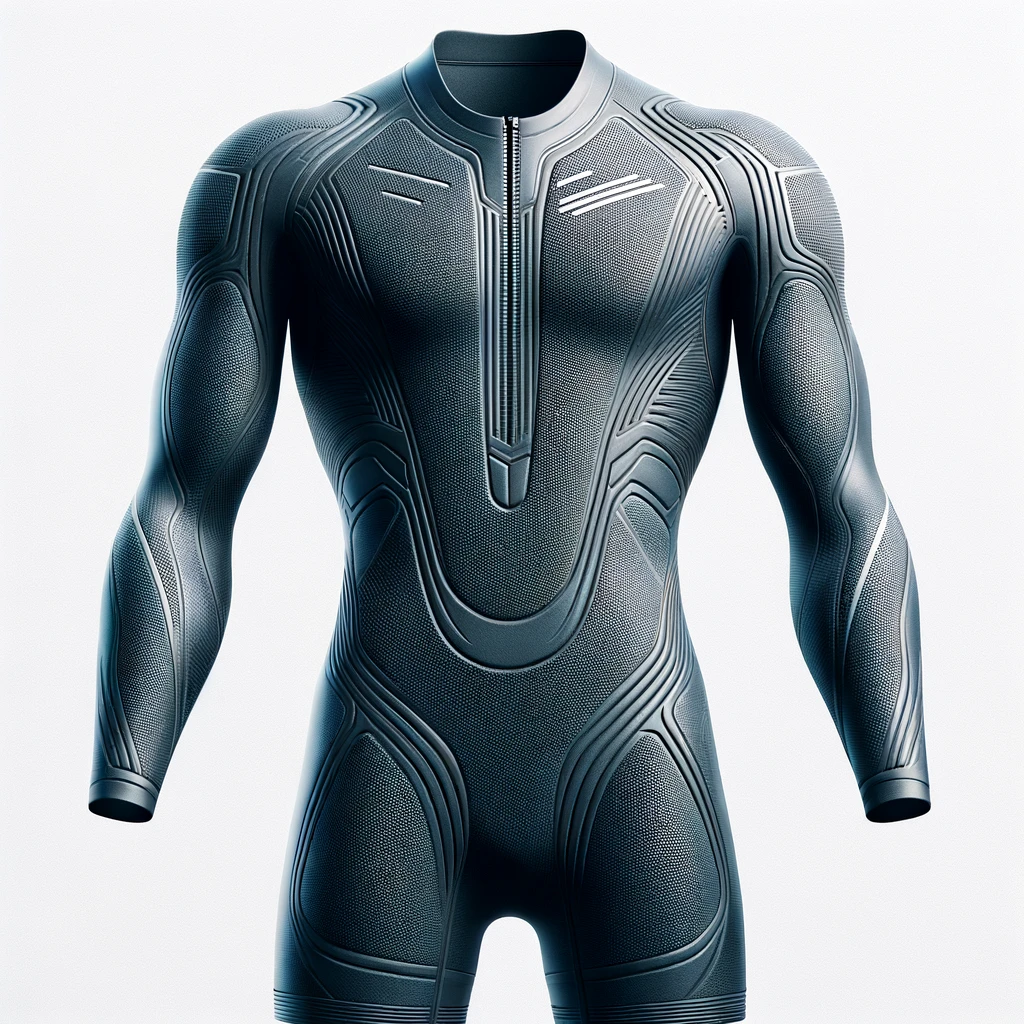Flat-laid triathlon wetsuit displaying varied material thickness for buoyancy and arm flexibility, set against a white backdrop.