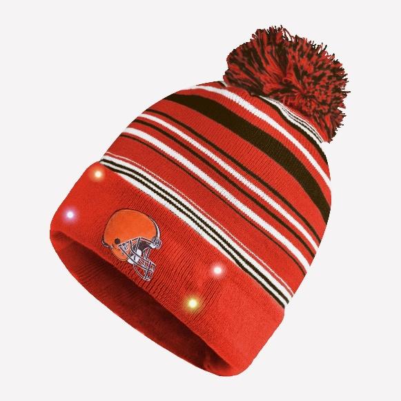 A red and black striped beanie with lights

Description automatically generated