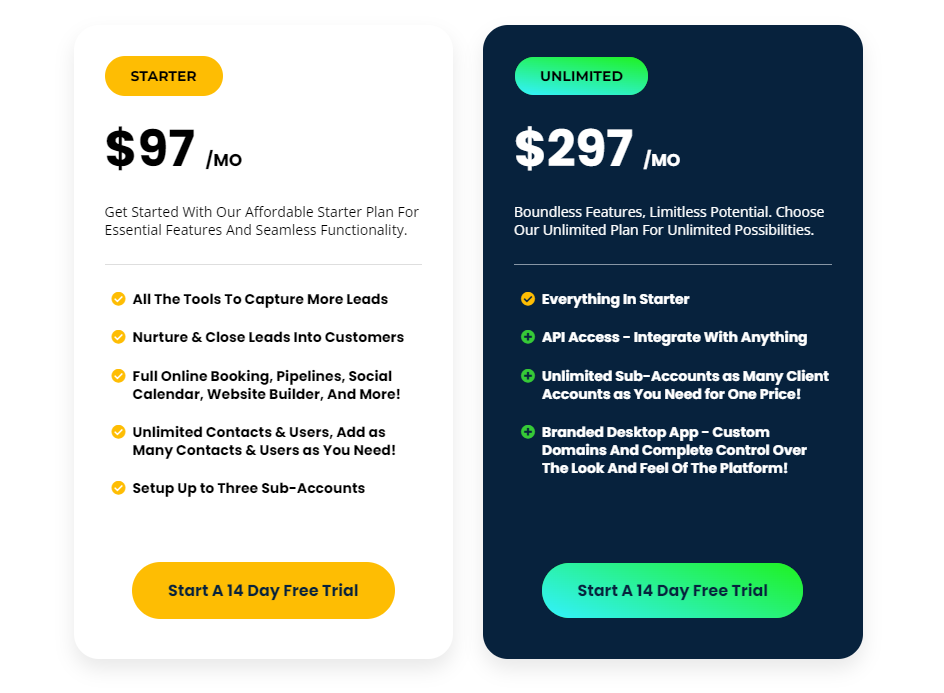 Pricing Plans for GoHighLevel