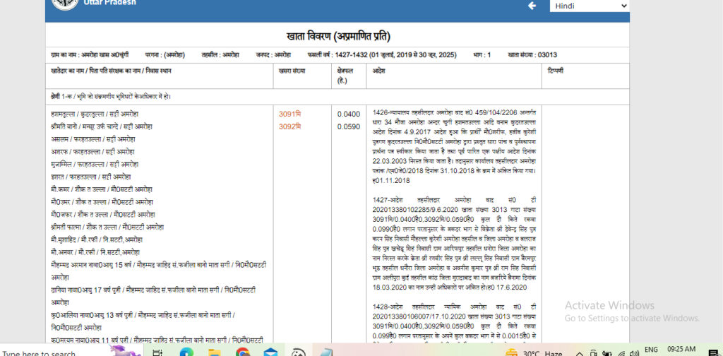 आप प्रतिलिपि के ऊपर डैशबोर्ड में अपना खसरा नंबर और खतौनी नंबर विवरण में देख सकते हैं