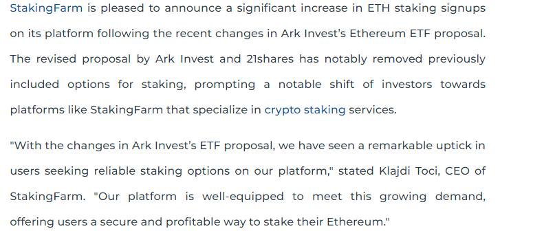 StakingFarm Surges After Ark Invest’s ETF Changes