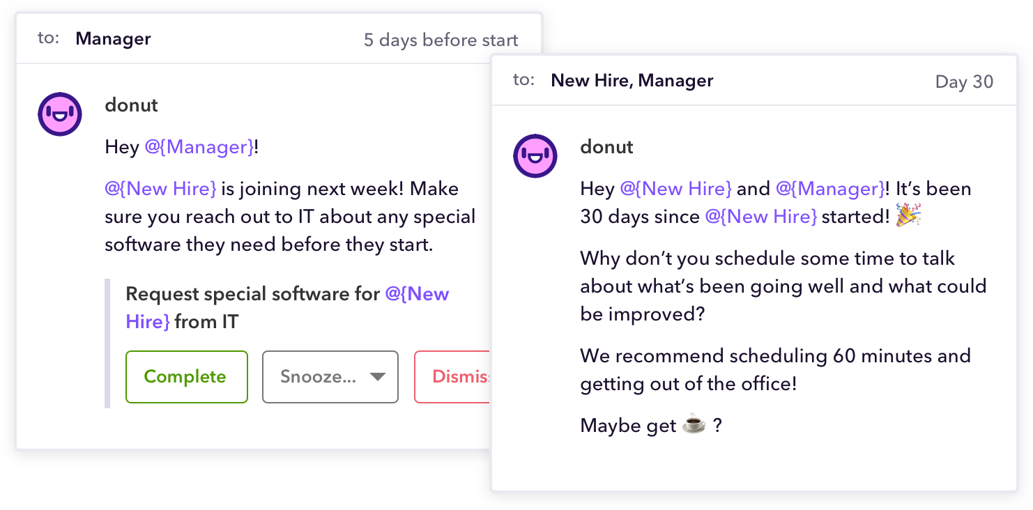 Examples of templates which Donut uses to embed new hire steps directly into Slack via interactive messages. (Source: 