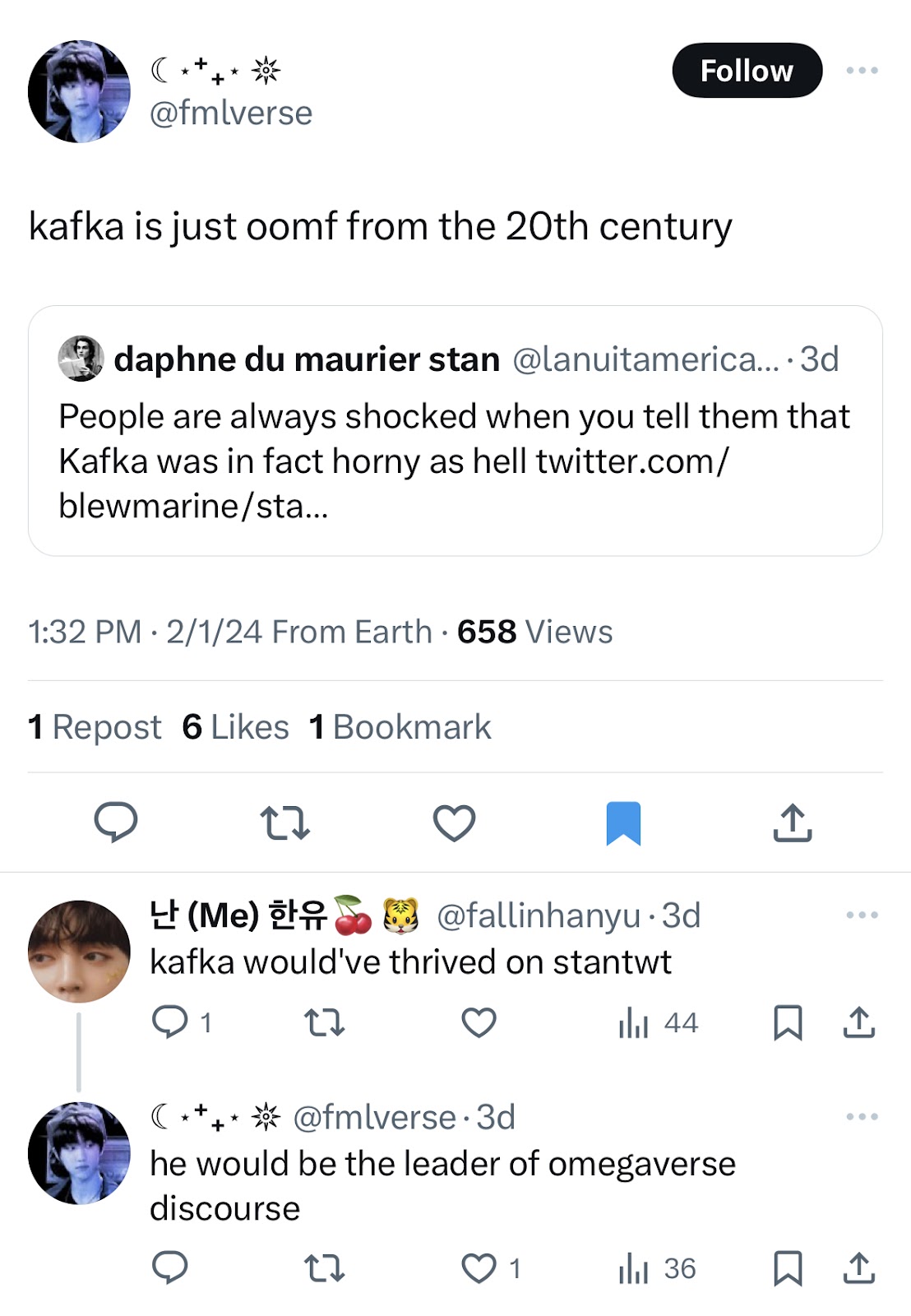 Twitter thread that starts with a quote of a tweet reading “People are always shocked when you tell them that Kafka was in fact horny as hell.” The poster, @fmlverse, added: “kafka is just oomf from the 20th century.” One reply reads “kafka would've thrived on stantwt” and another, “he would be the leader of omegaverse discourse”
