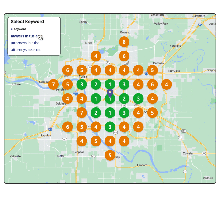 BrightLocal local search grid feature showing ranking positions on the map