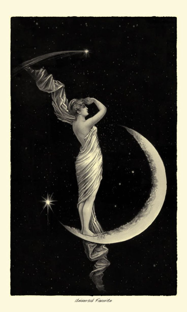 This particular work of art features a female figure elegantly positioned atop the crescent moon, with her sheer white garment gracefully billowing against the backdrop of the night sky.